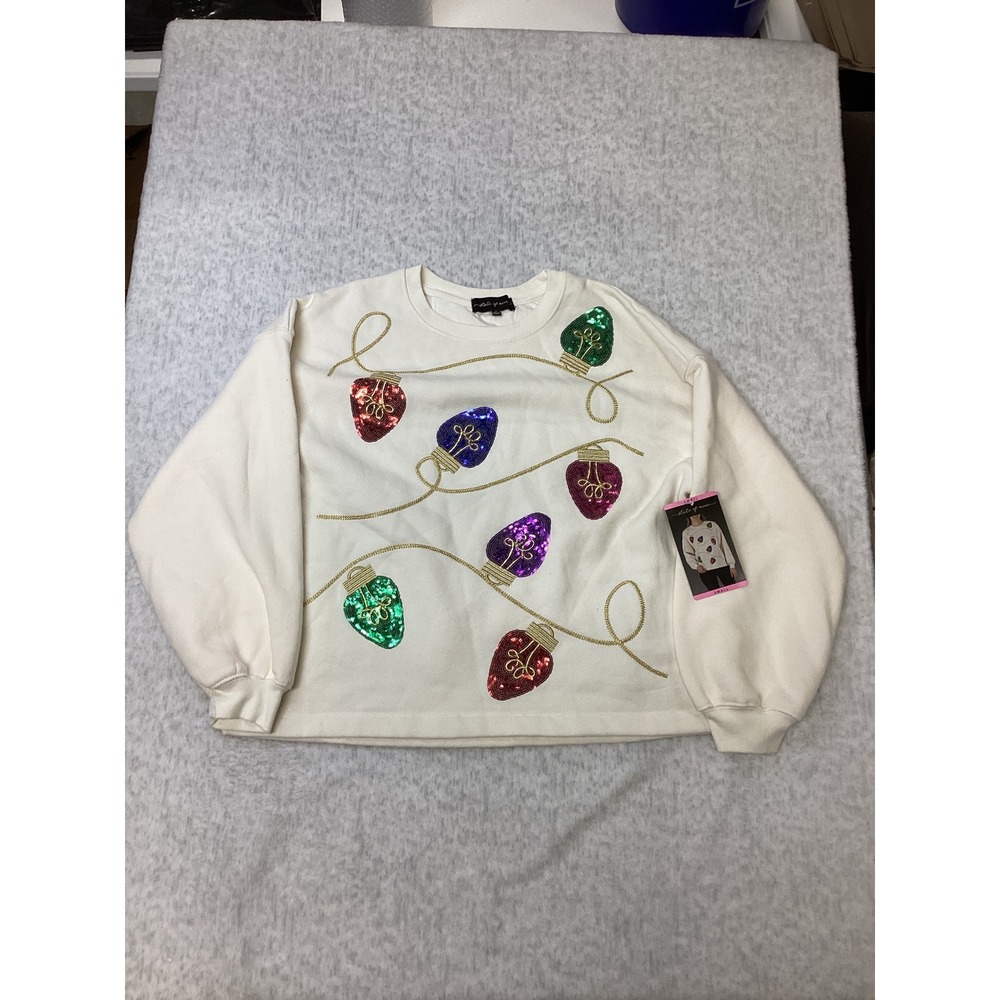 State of Mine Womens Sparkle Christmas Light Sequin Sweatshirt Cream Small 16036